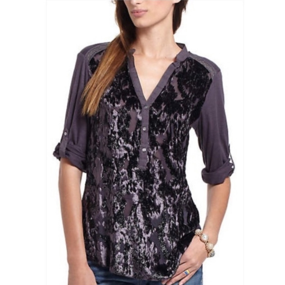 Anthropologie Tiny Broadleaf Forest Velvet Henley